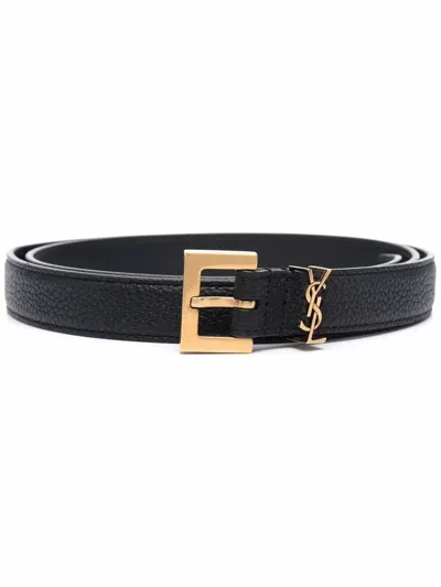 Saint Laurent Cassandre Thin Belt With Square Buckle In Grained Leather Accessories In Black