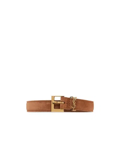Saint Laurent Cassandre Thin Belt With Square Buckle In Suede In Brown