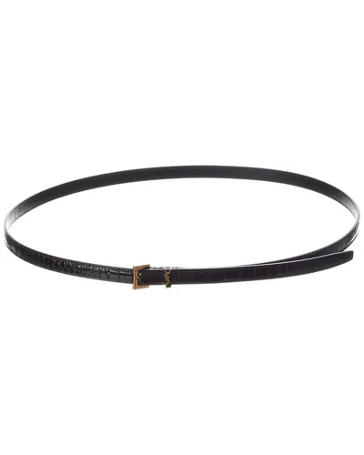 Saint Laurent Cassandre Thin Croc-embossed Leather Belt In Black