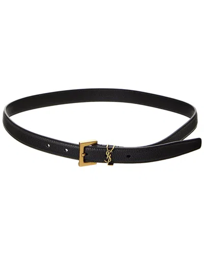 Saint Laurent Cassandre Thin Leather Belt In Black