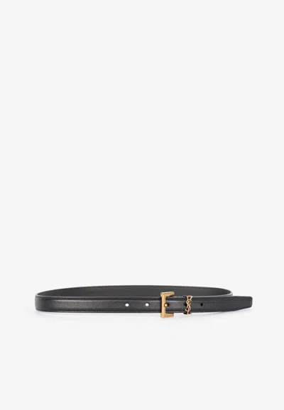 Saint Laurent Cassandre Thin Leather Belt In Black