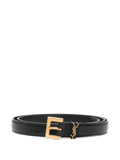 Saint Laurent Cassandre Thin Leather Belt In Black