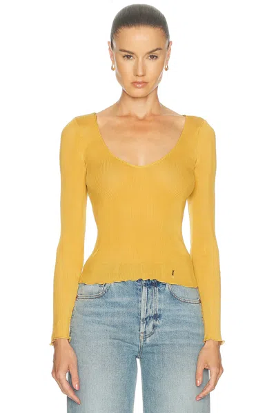 Saint Laurent Cassandre V-neck Top In Ribbed Silk In Yellow