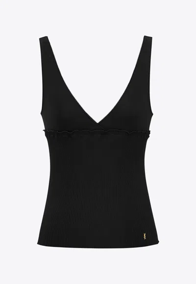 Saint Laurent Cassandre V-neck Silk Tank Top In Black