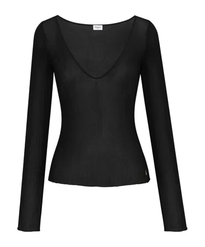 Saint Laurent Cassandre V-neck Top In Ribbed Silk In Black