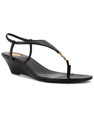 Saint Laurent Cassandre Wedge Leather Thong Sandal In Black