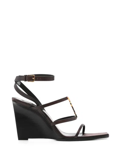 Pre-owned Saint Laurent Cassandre Wedge Sandals In Brown