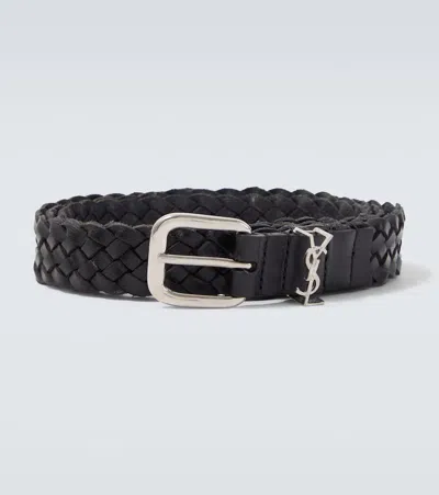 Saint Laurent Cassandre Woven Leather Belt In Black