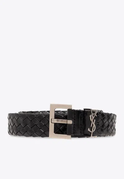 Saint Laurent Cassandre Interwoven Leather Belt In Black