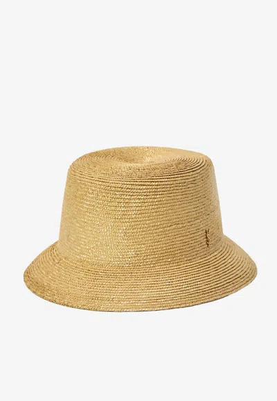 Saint Laurent Cassandre Woven Straw Fedora Hat In Sand