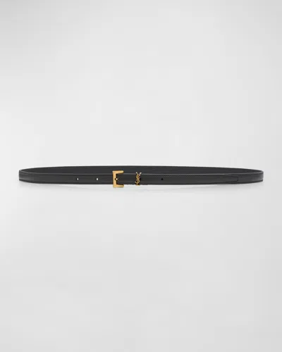 Saint Laurent Cassandre Ysl Leather Skinny Belt In Black