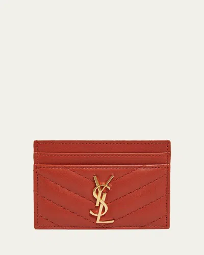 Saint Laurent Cassandre Ysl Monogram Card Case In Quilted Smooth Leather In Dark Mandarine