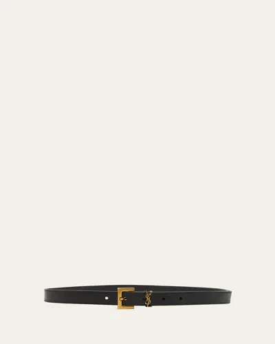 Saint Laurent Cassandre Ysl Thin Leather Belt In Black