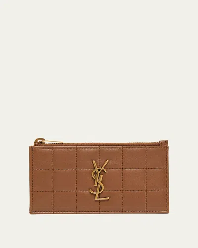Saint Laurent Cassandre Ysl Ziptop Card Case In Quilted Smooth Leather In Brown