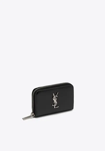 Saint Laurent Cassandre Zip-around Calf Leather Wallet In Black