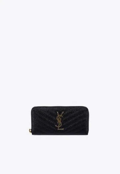 Saint Laurent Cassandre Zip-around Wallet In Embossed Leather In Black