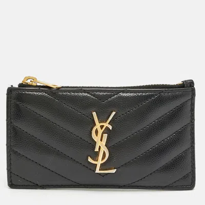 Pre-owned Saint Laurent Cassandre Zip Black Matelassé Leather Card Case