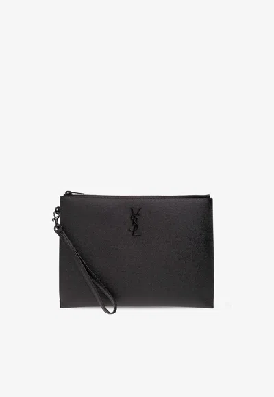 Saint Laurent Men Zipped Tablet Holder In Grain De Poudre-Leather