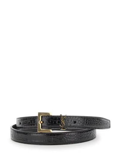 Saint Laurent Cassandre-buckle Croco-printed Belt In Black