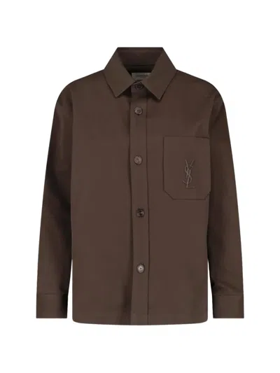 Saint Laurent Cassandre-embroidered Cotton Shirt In Brown