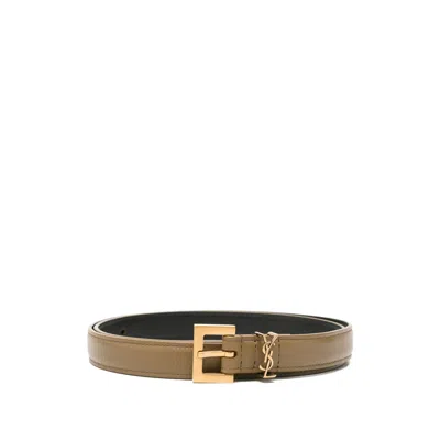 Saint Laurent Cassandre-plaque Belt In Brown