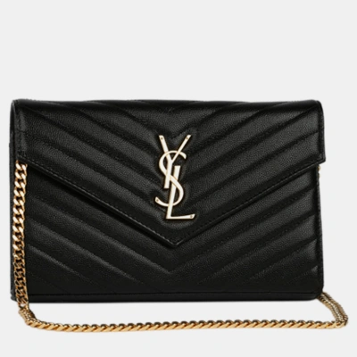 Pre-owned Saint Laurent Cassendre Black Grained Calf Leather Ghw Small Bag