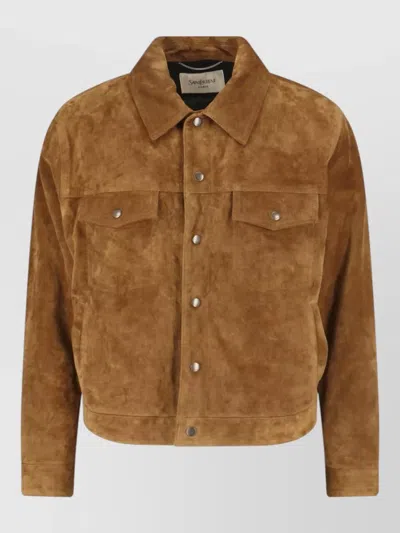 Saint Laurent Casual Coat Front Pockets Suede Texture In Brown
