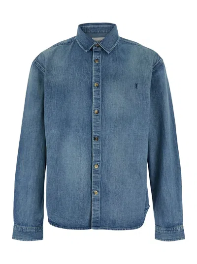 Saint Laurent Cassandre' Blue Cotton Shirt In Multi