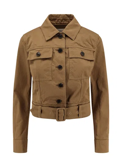 Saint Laurent Certified Cotton Cropped Jacket In Brown