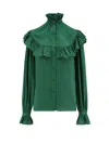 Saint Laurent Ruffled Yoke High-neck Blouse In Green