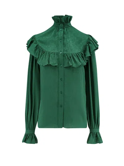 Saint Laurent High Collar Long Sleeve Top In Green
