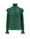 Saint Laurent Ruffled Yoke High-neck Blouse In Gray