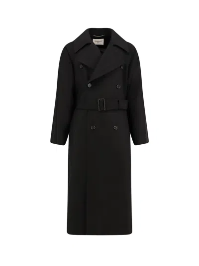Saint Laurent Double-breasted Long Coat In Grain De Poudre In Black