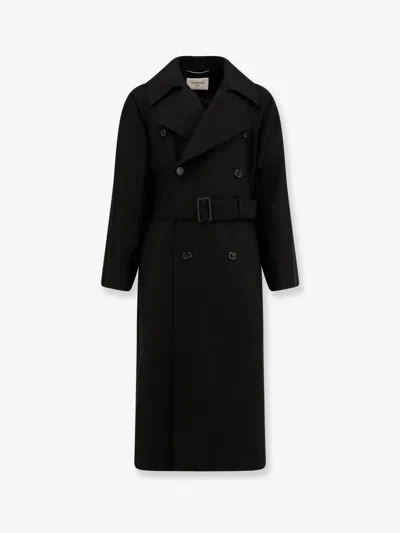 Saint Laurent Double-breasted Long Coat In Grain De Poudre In Black