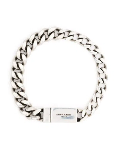 Saint Laurent Logo Engraved Chained Bracelet In Silver