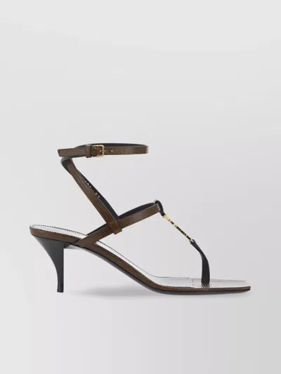 Saint Laurent Chain Detail Calfskin Thong Sandals In Brown