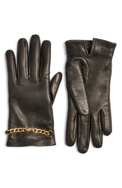 Saint Laurent Chain Link Cashmere Lined Leather Gloves In Brown