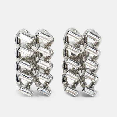 Pre-owned Saint Laurent Chain Link Crystal Silver Tone Clip On Earrings