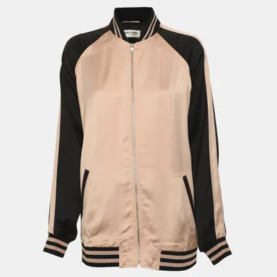 Pre-owned Saint Laurent Champagne Pink/black Satin Baseball Jacket S