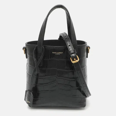 Pre-owned Saint Laurent Charlotte Toy Mini Black Croc Embossed Leather Tote
