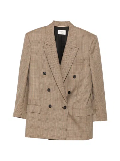 Saint Laurent Check Pattern Double-breasted Blazer In Brown