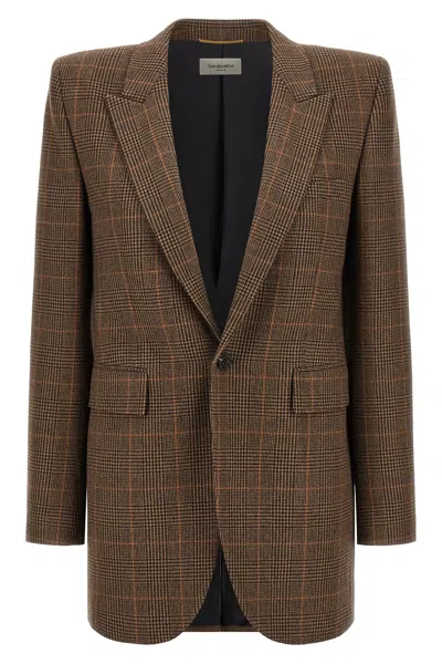 Saint Laurent Check Wool Blazer In Brown