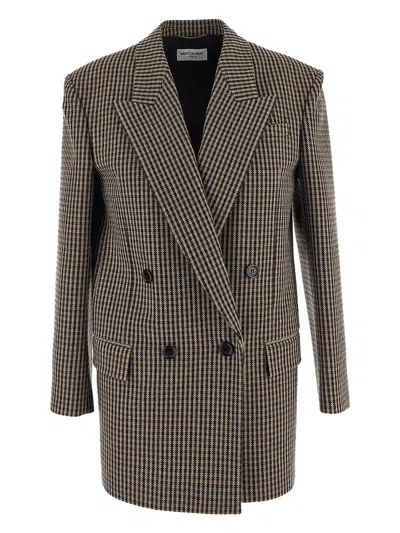 Saint Laurent Checked Blazer In Brown