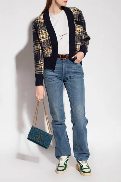 Saint Laurent Checked Cardigan In Navy Blue