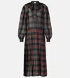 Saint Laurent Checked Pleated Silk Charmeuse Midi Dress In Multi