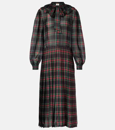 Saint Laurent Checked Pleated Silk Charmeuse Midi Dress In Multi