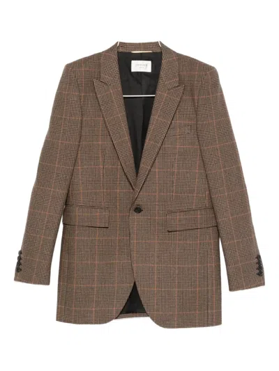 Saint Laurent Checked Single-breasted Blazer In Brown