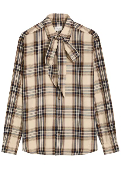 SAINT LAURENT SAINT LAURENT CHECKED TIE-NECK COTTON-BLEND SHIRT