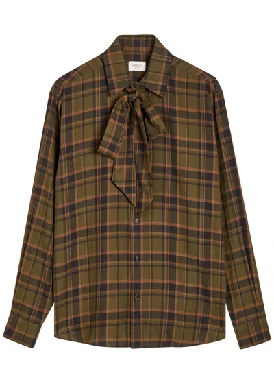 Saint Laurent Checked Tie-neck Cotton Shirt In Brown