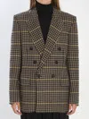 Saint Laurent Brown Double-breasted Jacket With Notched Revers And All-over Check Motif In Wool Woman In Blue